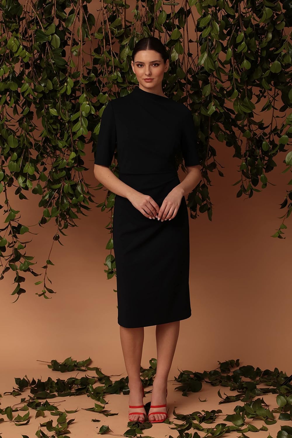 Maggy London Womens Side Pleat Dress with Asymmetric Neck and Elbow Sleeves - Image 5