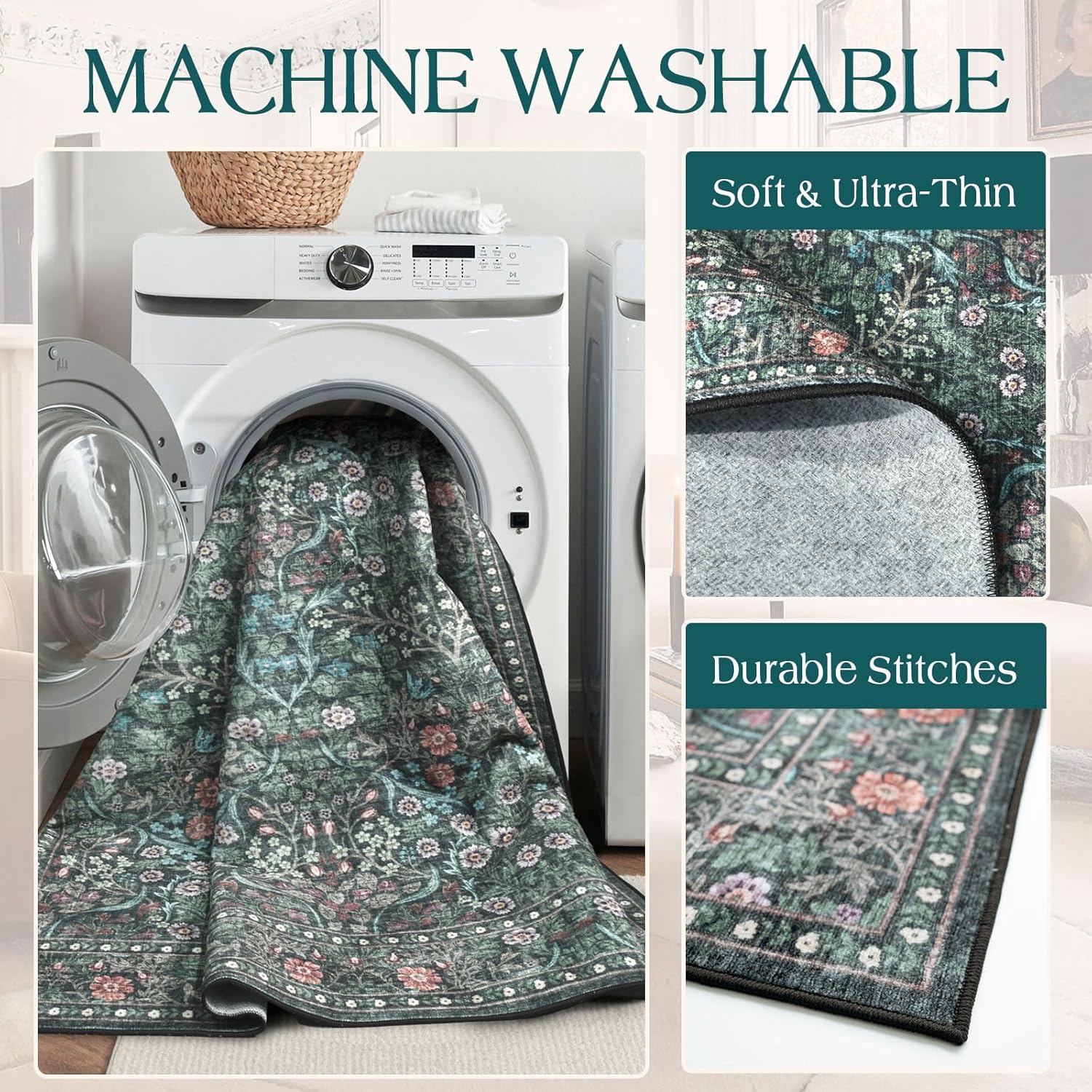 Non Slip Floral Entry Rug - 3x5 Soft Washable Bedroom Area Rug Black Dark Green Boho Botanical Carpet Accent Throw Rugs for Living Room Bedroom Entryway Dorm Bathroom Nursery Home Decor - Image 3