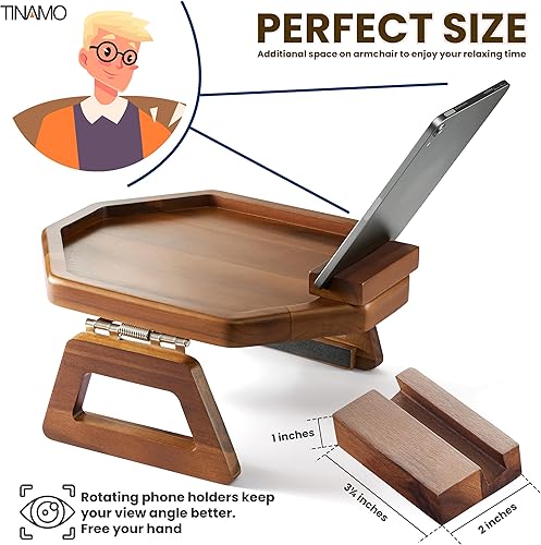 Miniatura 2 de Tinamo Bandeja octogonal de acacia para sofá, mesa con reposabrazos plegables, bandeja de clip con bisagras ajustables para el hogar, sofá, sala de
