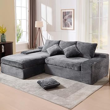 98.8" Cloud L Shape Sectional Couch with Deep Seat, Modern Boneless Compressed Sofa with Chaise, 4 Seat Corduroy Couches for Living Room Bedroom, No Assembly Required, Grey