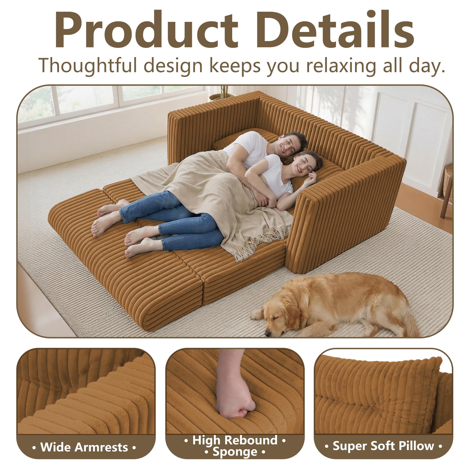 49.8" Loveseat Boneless Couch, 4-in-1 Convertible Sofa Bed, Plush Fur Folding Futon Sofa Bed Couches Without Pillow for Living Room, High-Density Foam Support, No Assembly Required, Orange