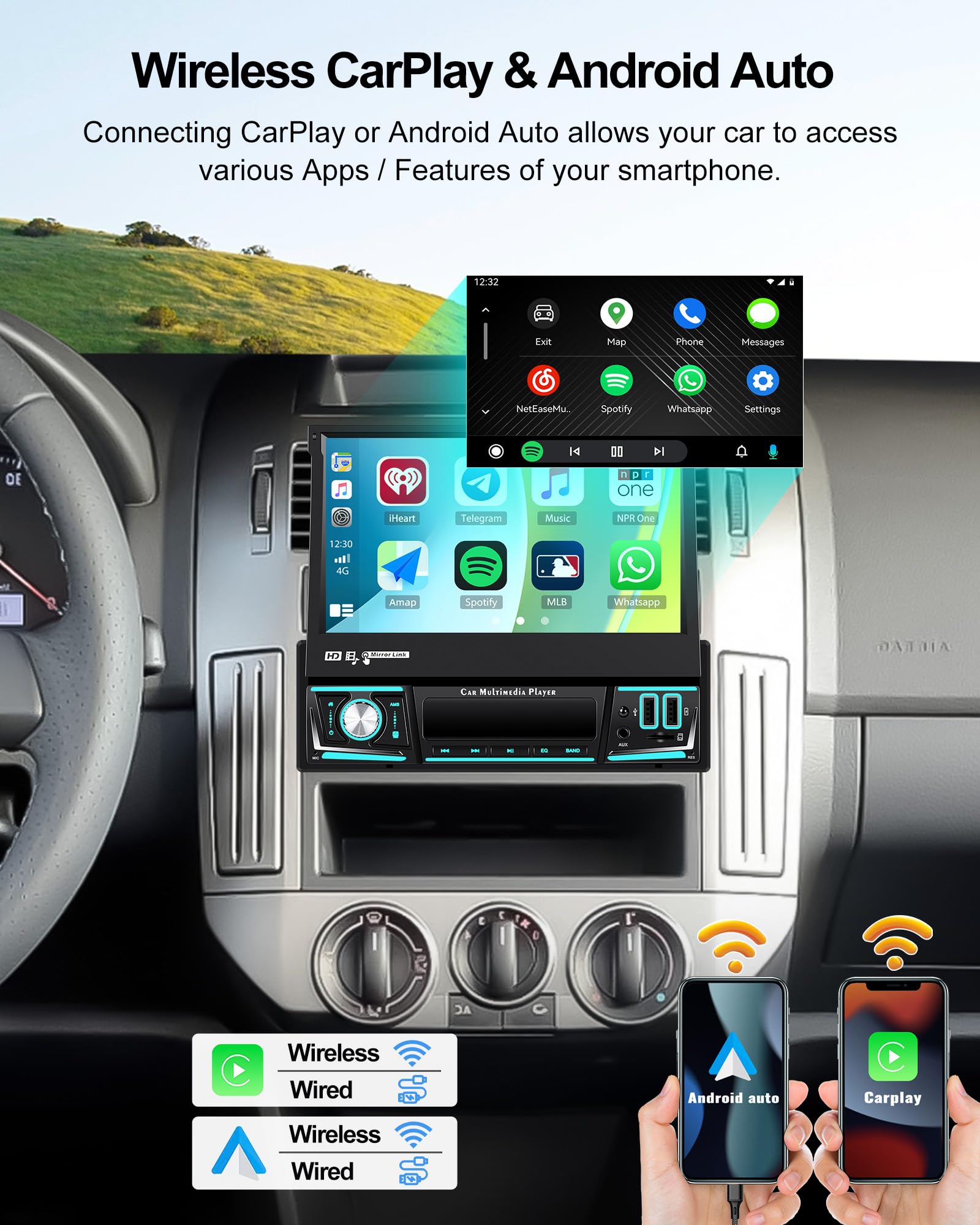 CAMECHO 2G+64G Android 13 Single Din Car Stereo with Wireless CarPlay Android Auto, 7