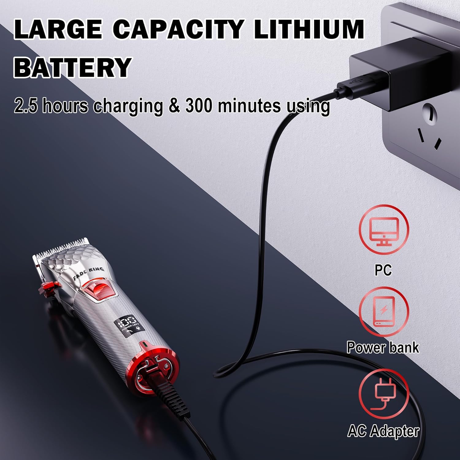 FADEKING clipper connected to a wall charger, illustrating charging options via PC, power bank, or AC adapter.