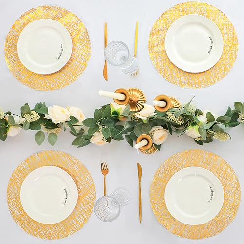 Miniatura 6 de Snowkingdom Juego de 50 manteles individuales desechables dorados de 13 pulgadas, tapetes redondos metálicos de malla prensada, manteles dorados