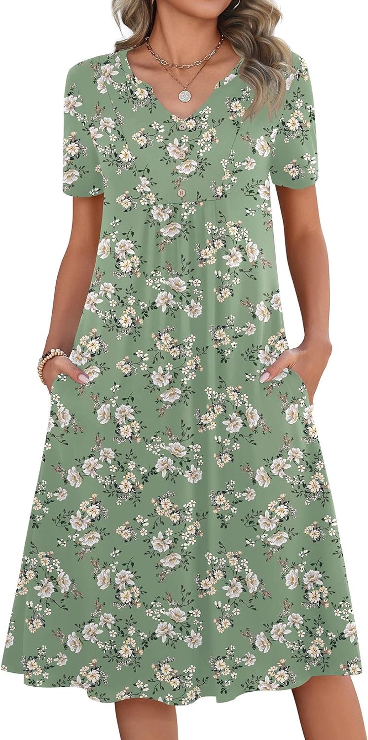 Zeagoo Women Summer Dresses Casual Short Sleeve Midi Dress with Pockets Floral A Line V Neck Beach Vacation T Shirt Sundress