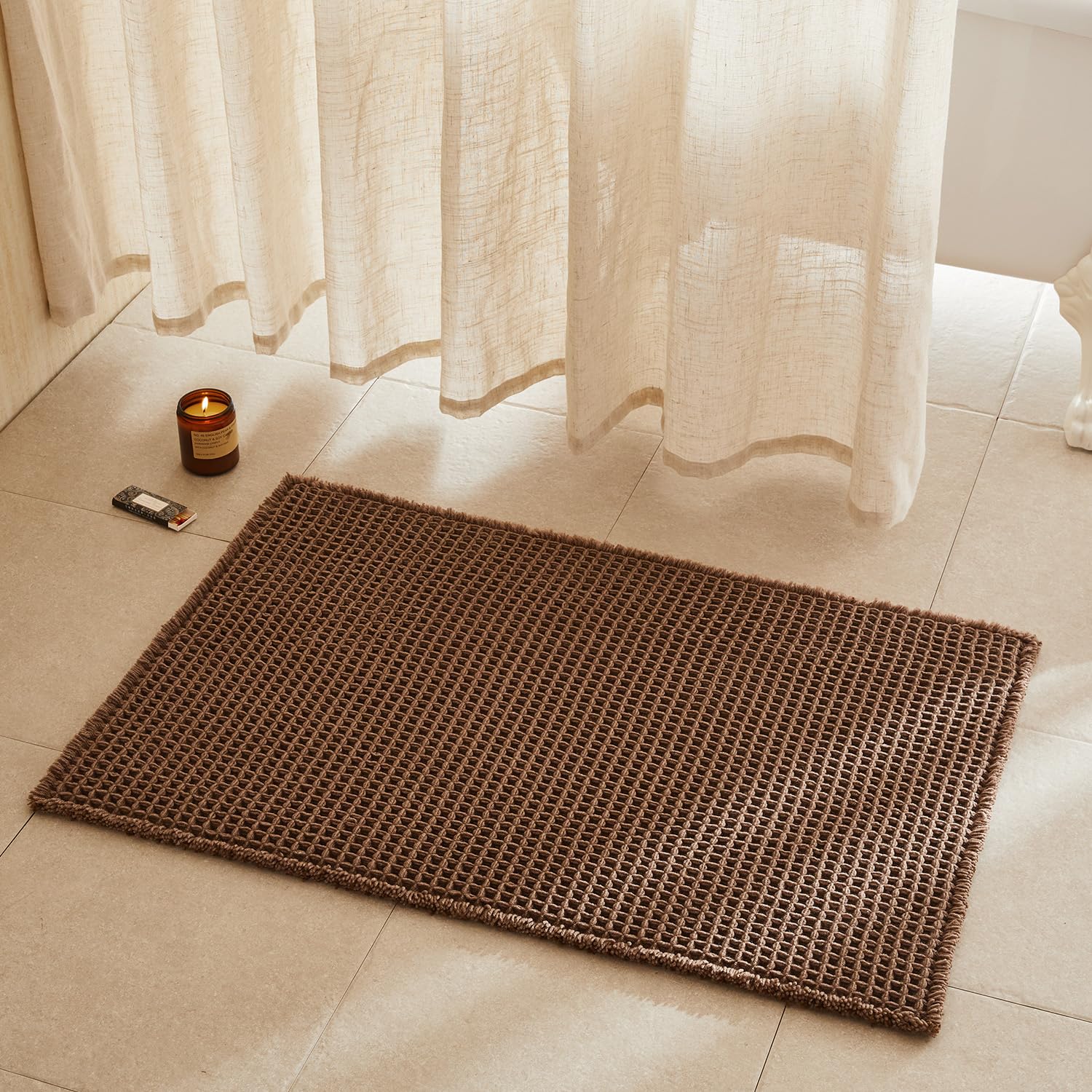 TYUU Waffle Bath Mat, Boho Bathroom Rugs Non Slip, 36x24 Mocha