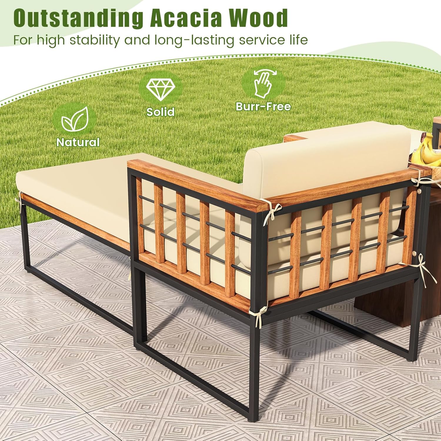 HAPPYGRILL Outdoor Daybed Lounge Patio Acacia Wood Armchair with Ottoman, Patio Chaise Lounge Chair Set for Backyard, Poolside, Balcony