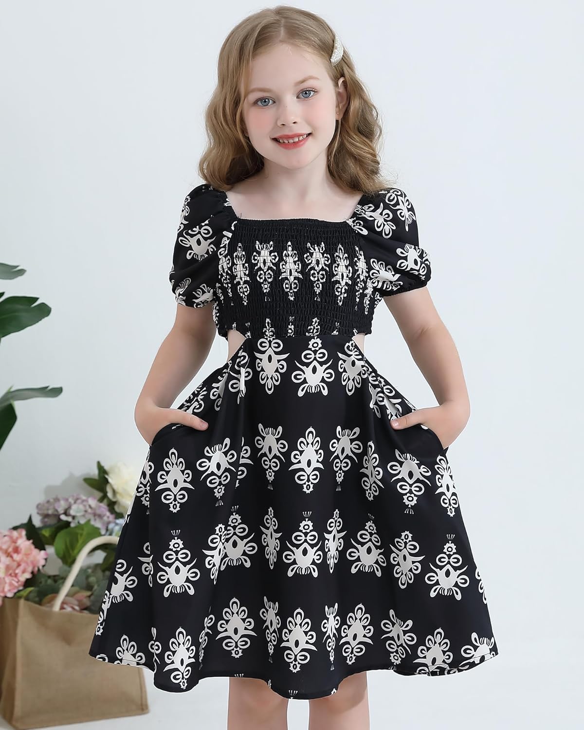 Girls Summer Dresses Smocked Tween Back to School Puff Sleeve Casual Sundress with Pockets for 7-12 Years - Image 2