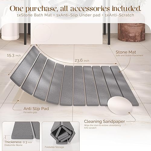 Miniatura 3 de Alfombrilla de baño de piedra de diatomita para suelo de baño, secado rápido, diseño plegable, 23 x 15 pulgadas, súper absorbente, tapete de baño de