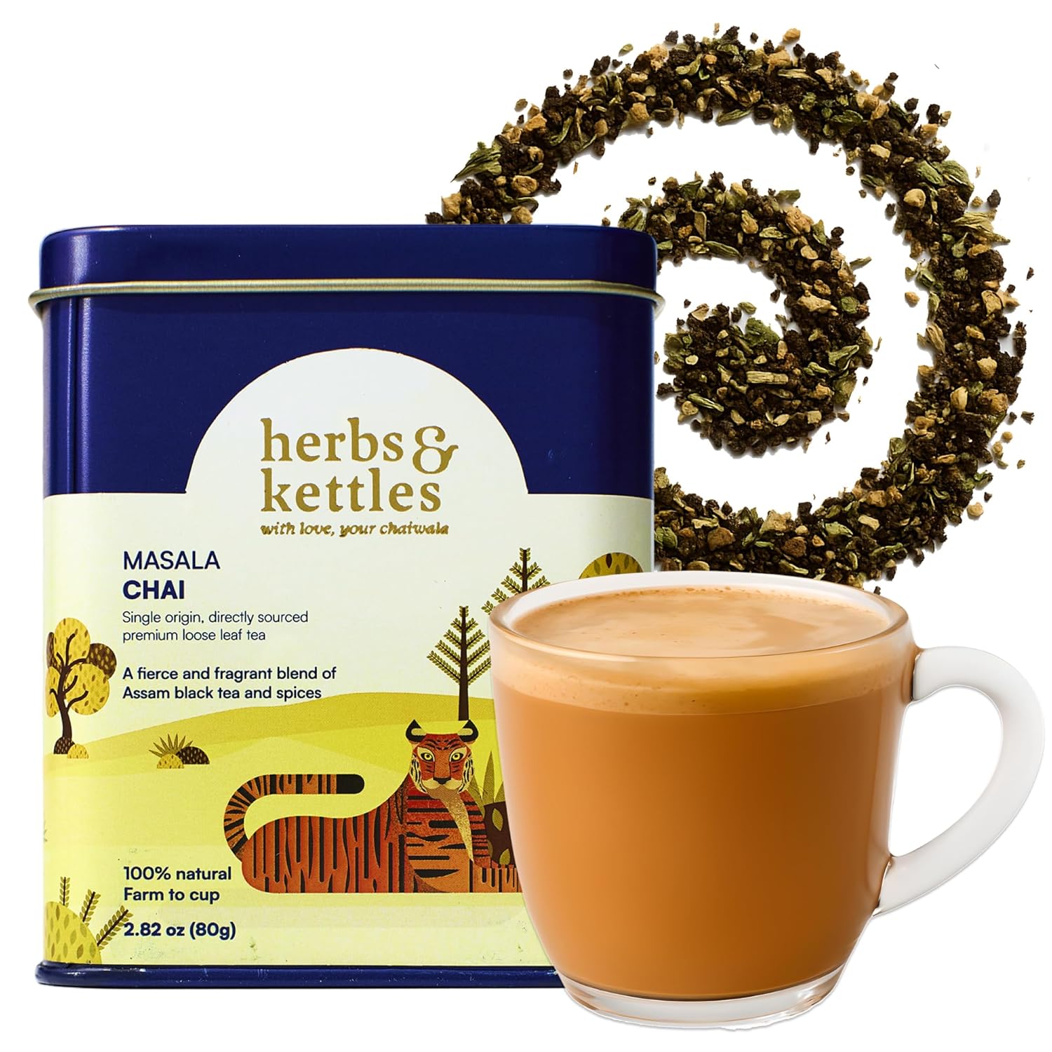 Herbs & Kettles Masala Chai | Authentic Indian Chai Tea with Assam Black Tea, Ginger, Cardamom, Cinnamon, Cloves & Black Pepper | Loose Leaf | Makes 16-20 Servings | Premium Gourmet Tea Gift