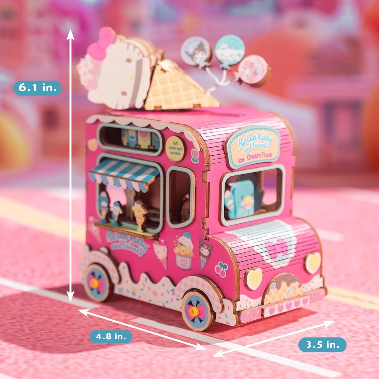 Hands Craft Hello Kitty and Friends 3D Wooden Puzzle | Music Box Ice Cream Truck Model Kit | Charming Decor & Toy for Young Adults | DIY Craft Set | Creative Play with Real Music Player