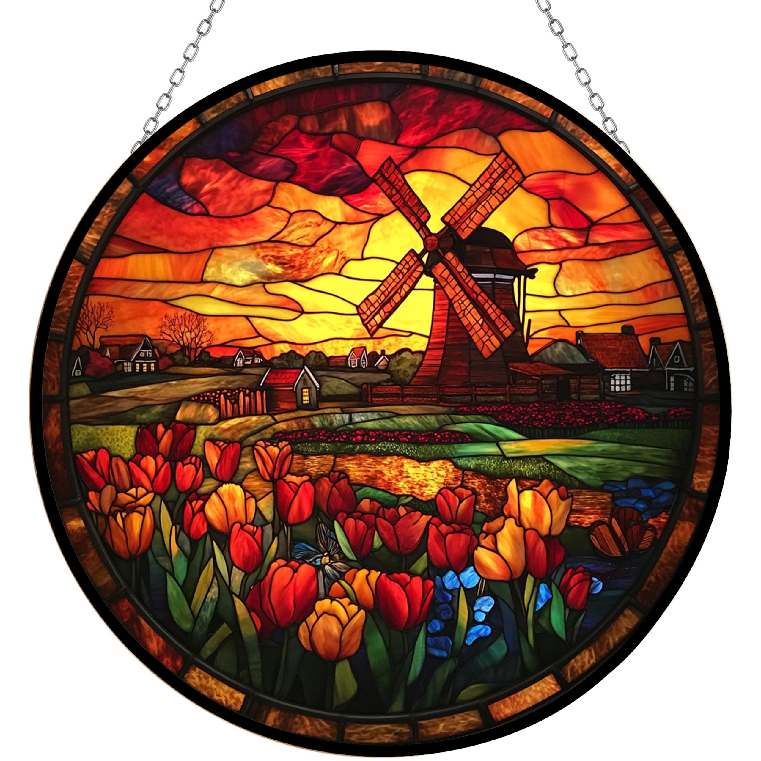 365CUSGIFTS Bird Stained Glass Window Hangings, Cat Butterfly Sunflower Handcrafted Stained Glass Suncatchers, Gift for Cat Lovers Nature Lovers (12”x12”)