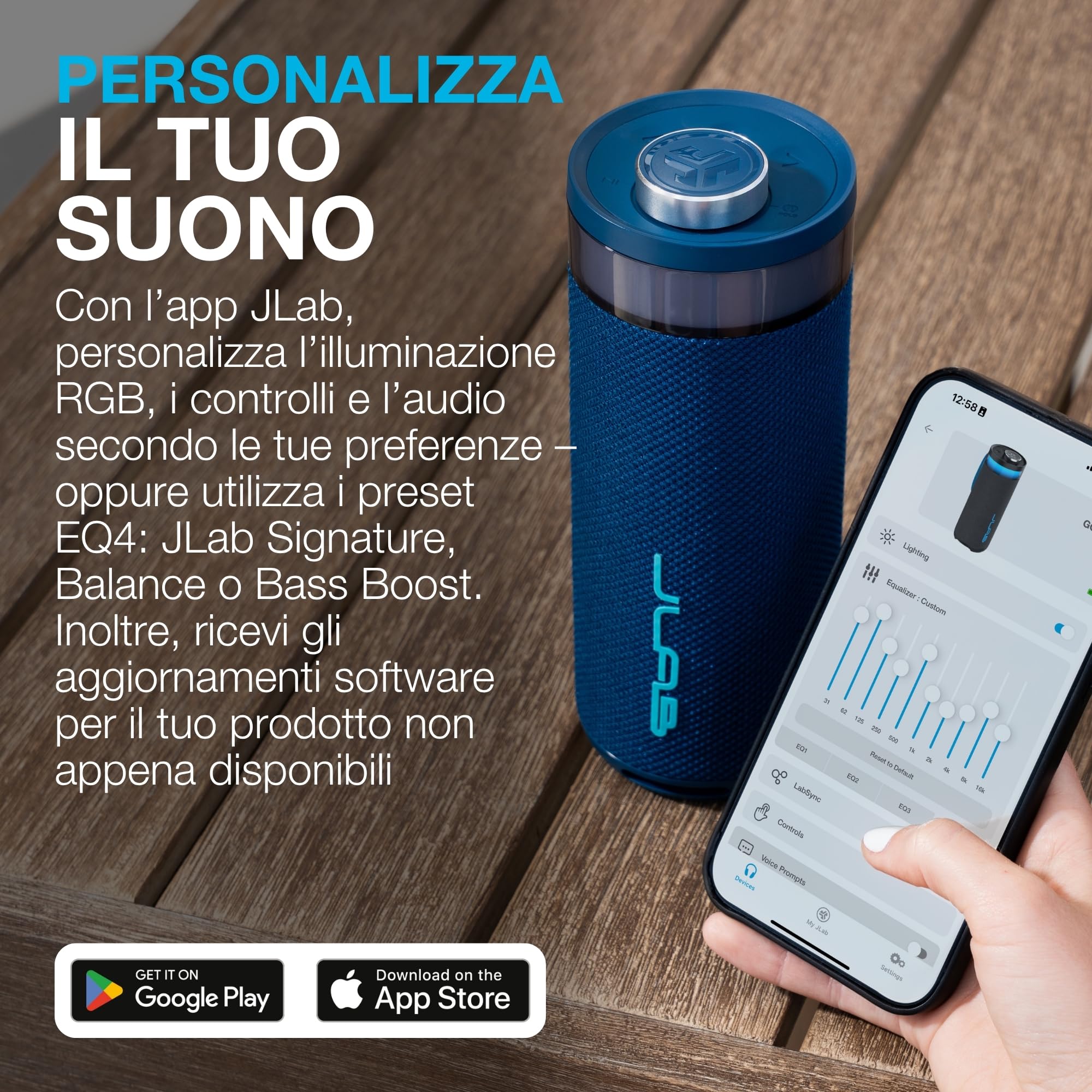 JLab Go Party Cassa Bluetooth Portatile con 16+ ore di riproduzione - Altoparlante Wireless da 10W per Esterni e Viaggi con Luci RGB e Audio Potente, Resistente all'Acqua IP56, Blu Navy