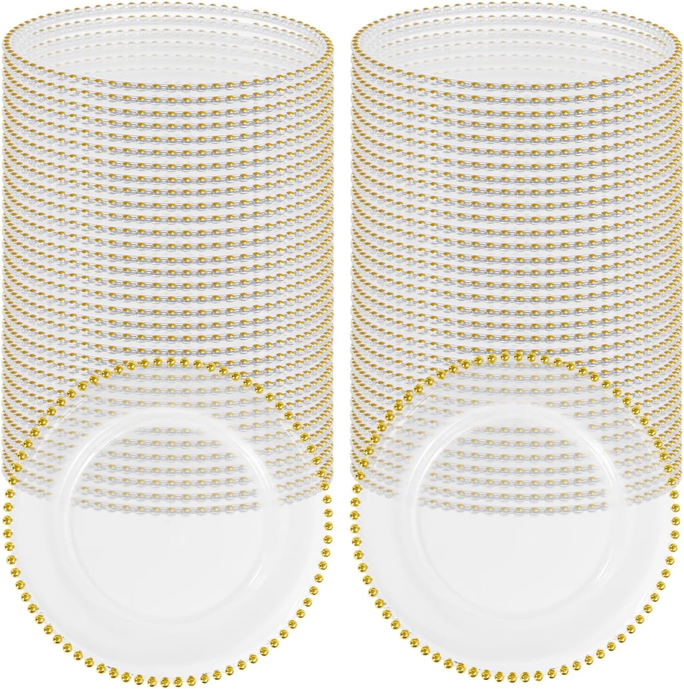 50 PCS Clear Round Charger Plates with Beaded Rim, 13 Inch Plastic Acrylic Plate, Plastic Round Beaded Dinner Decorative Service Plates for Wedding Party Event, Home Kitchen Tabletop(Gold)