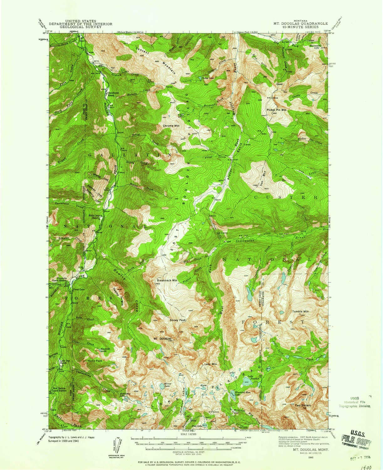 YellowMaps Mt Douglas MT topo map, 1:62500 Scale, 15 X 15 Minute, Historical, 1941, Updated 1958, 20.8 x 16.9 in - Polypropylene