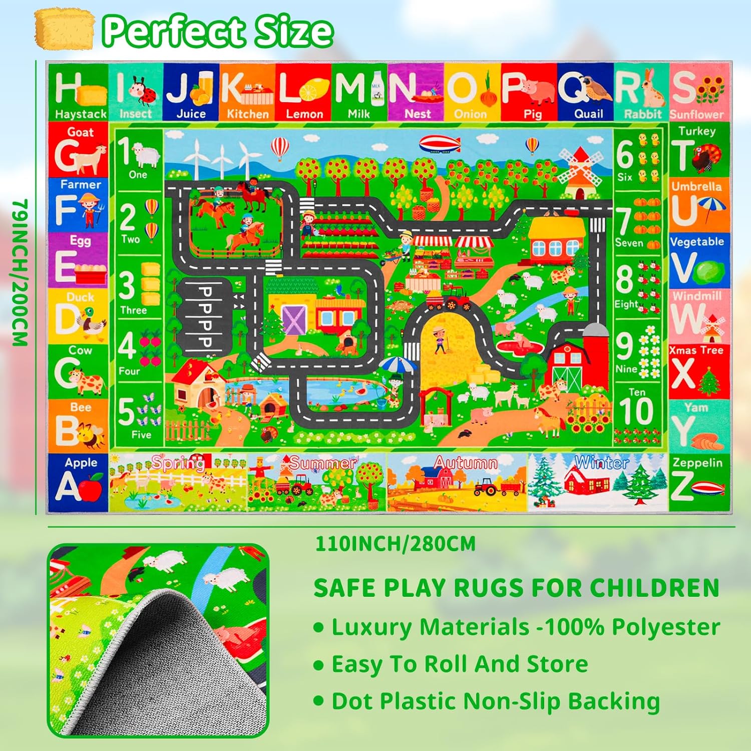 Kids Rugs for Toy Cars Playroom 110"×78.7" ABC Farm Life Road Traffic Kids Car Road Rugs Village Map Play Mat for Toddlers Boys Room Family Tummy Time Playtime Learning Carpet