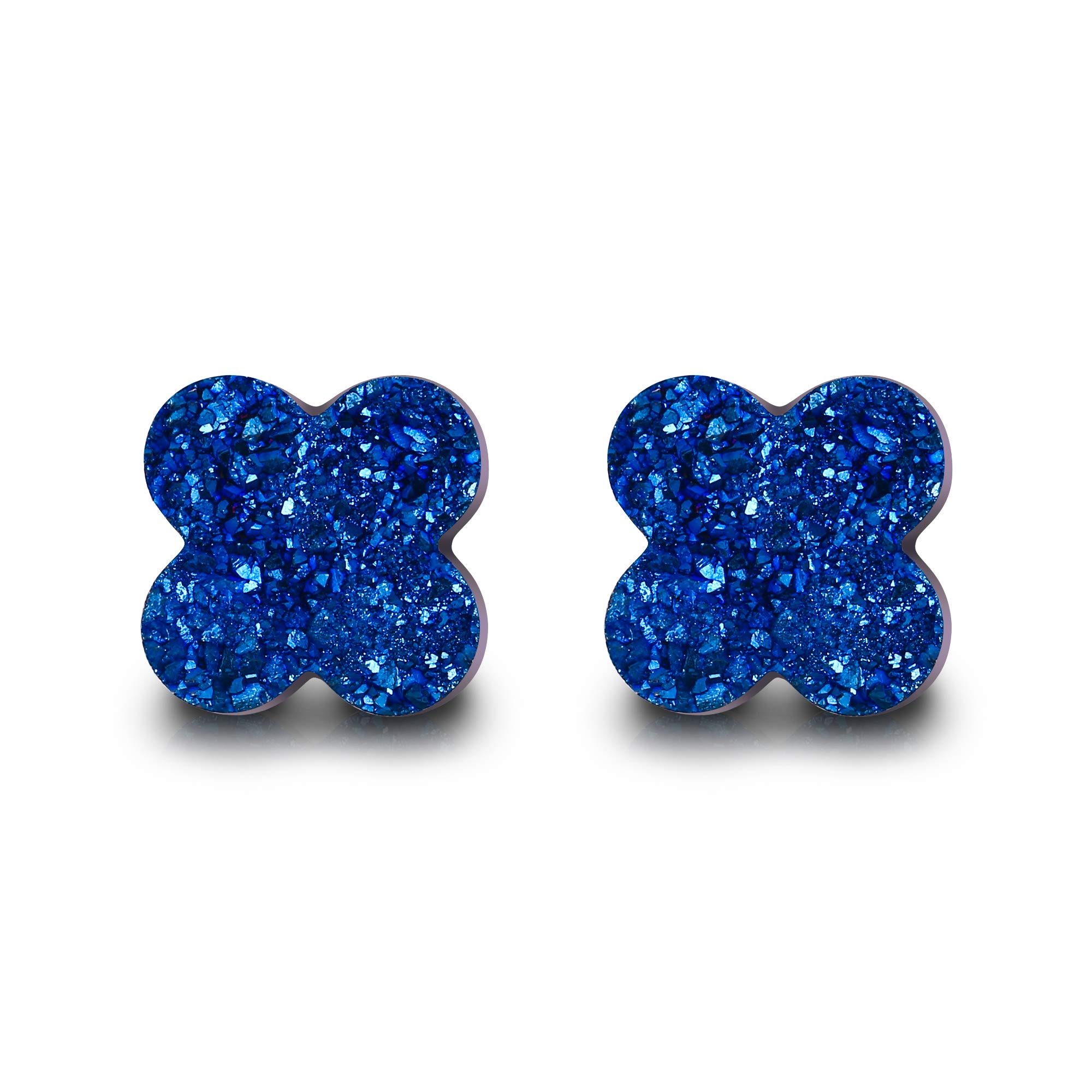 925 Sterling Silver Four-Leaf Clover blue Druzy Stud Earrings for Women Girls