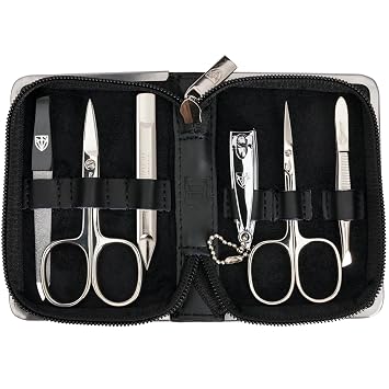 3 Swords Germany - brand quality 6 piece manicure pedicure kit set for professional finger & toe nail care with leather case - Made in Germany - black genuine leather