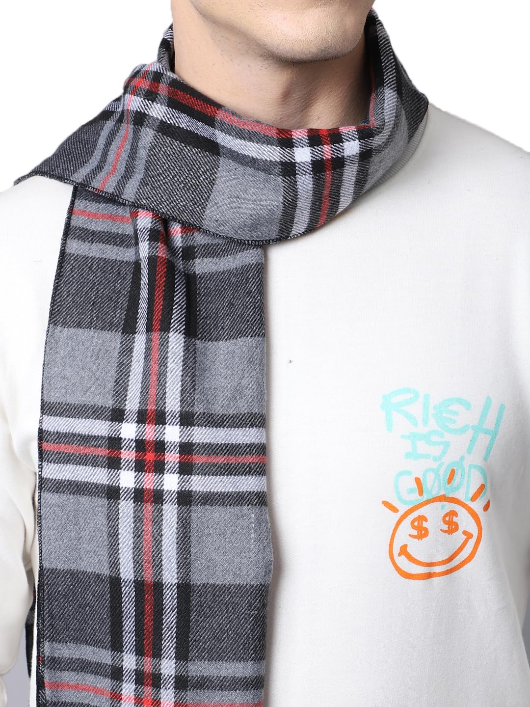 ELLIS Unisex Multicolor Muffler with Fringe, Vibrant Design (Grey)