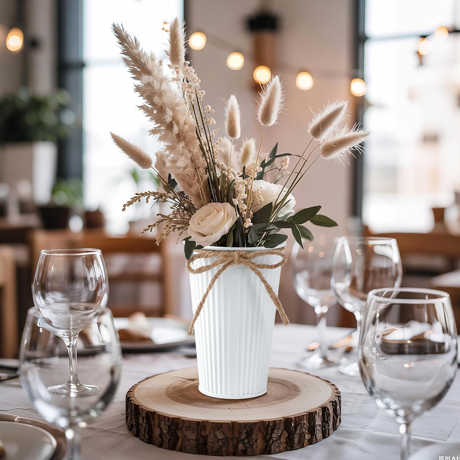 24Pcs Small Galvanized Metal Vases for Centerpieces White Flower Buckets with Twine Bow 4 Inch Artificial Floral Vase in Bulk Rustic Home Decor