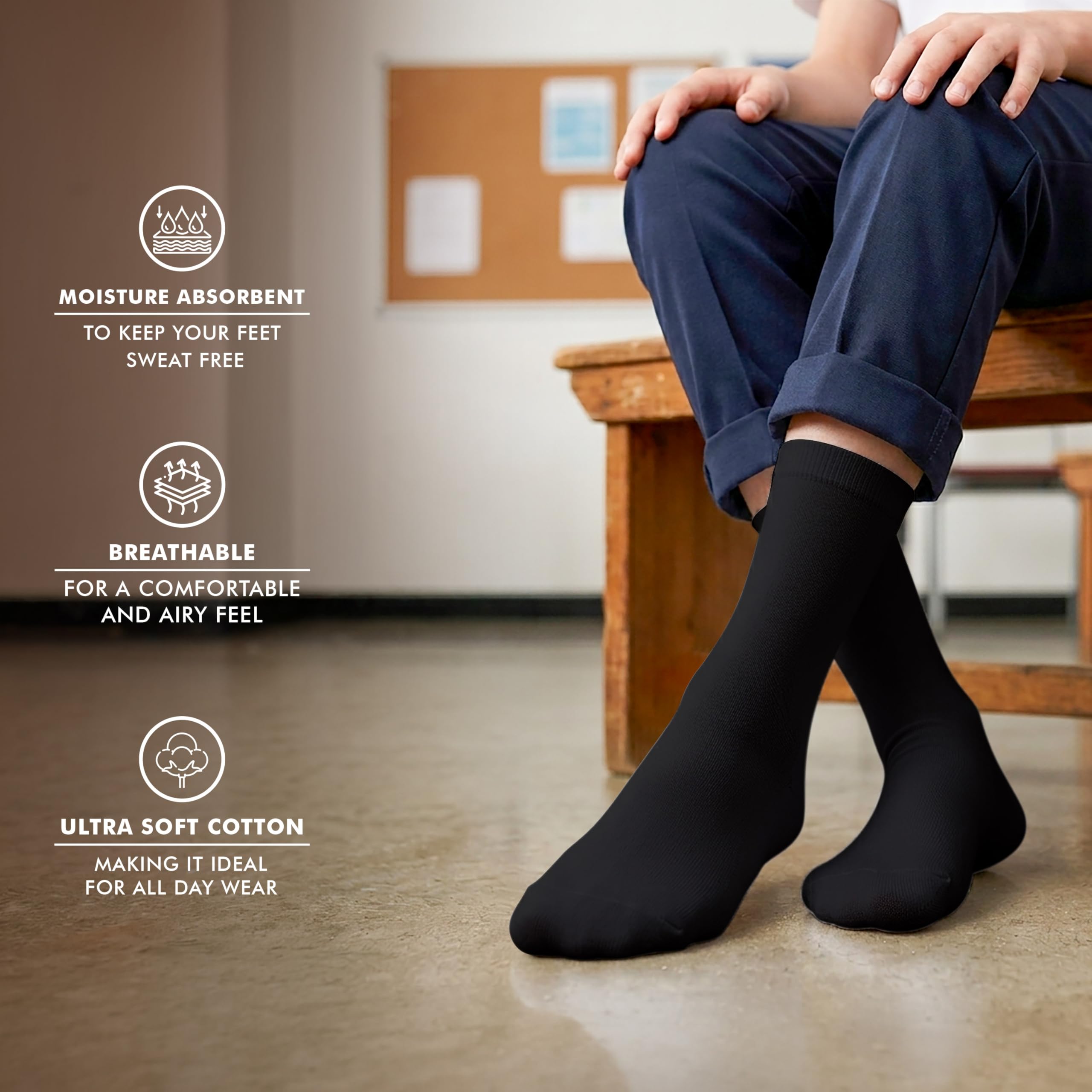 Supersox Regular Length School Uniform Socks for Kids | Breathable Cotton | Anti-Odour & Moisture Absorbent | Durable Welt for All-Day Comfort | Black | 7 to 8 Years | Pack of 5 2