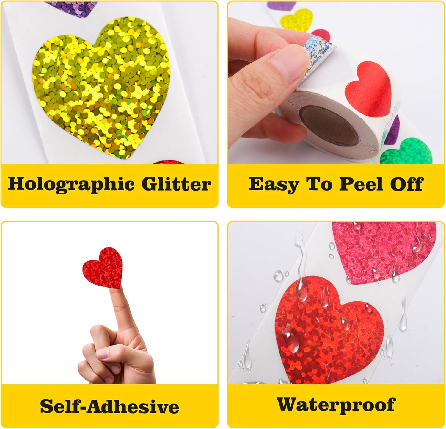 Heart Stickers, Valentines Stickers for Kids, 500Pcs 1 inch Self Adhesive Colorful Glitter Sticker for Reward Classroom Teacher Envelope Seal Mother Day Birthday Wedding Gift Decorative Label Sticker
