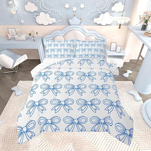 Feelyou Kids Girls Blue Bowknot Comforter Set,Cute Bow Bedding Set Full Size,Boy
