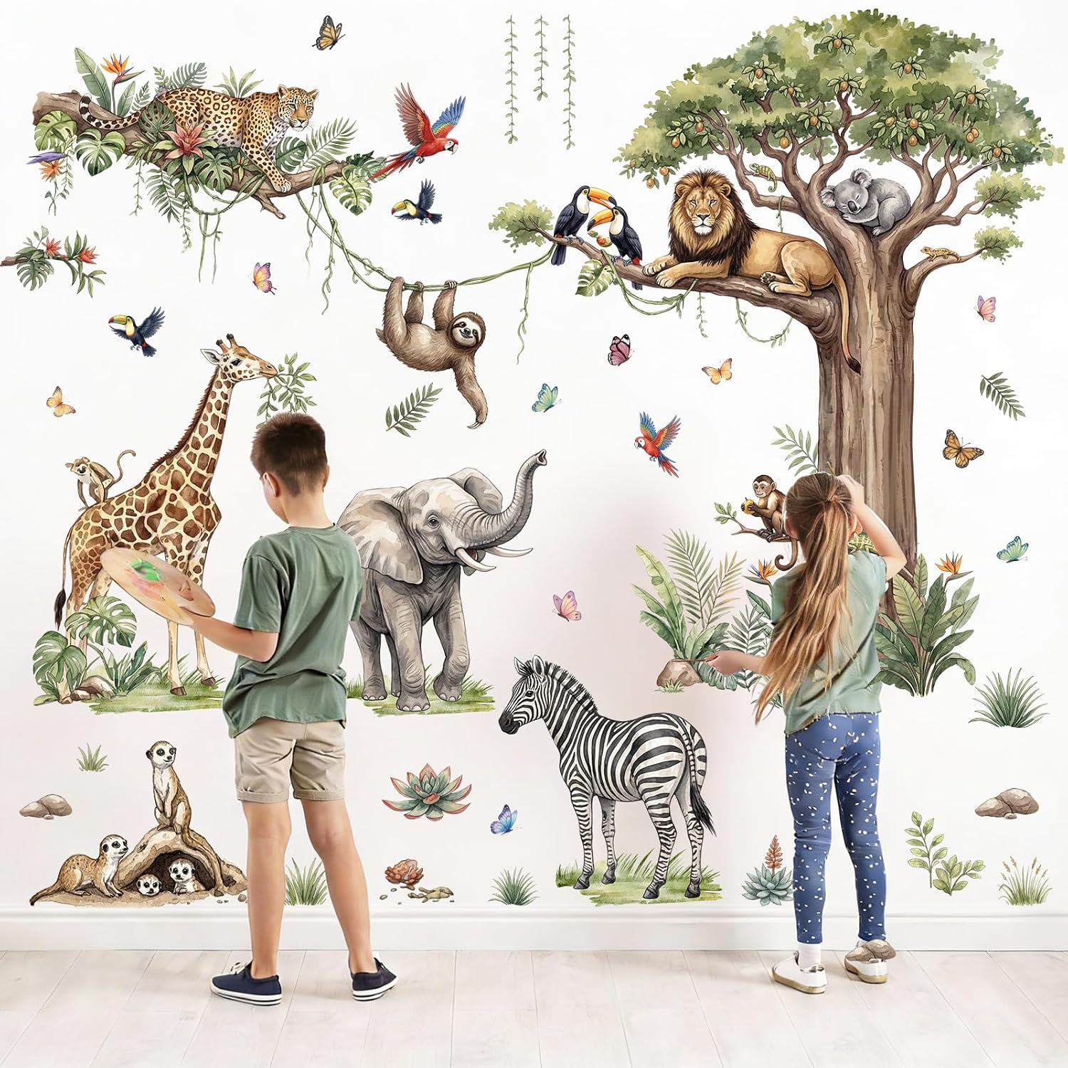 Large Watercolor Jungle Animal Wall Decals, Safari Forest Elephant Giraffes Zebras Wall Stickers for Baby Nursery Playroom Bedroom Classroom Kindergarten Decor (Jungle Animals, Extra Large)