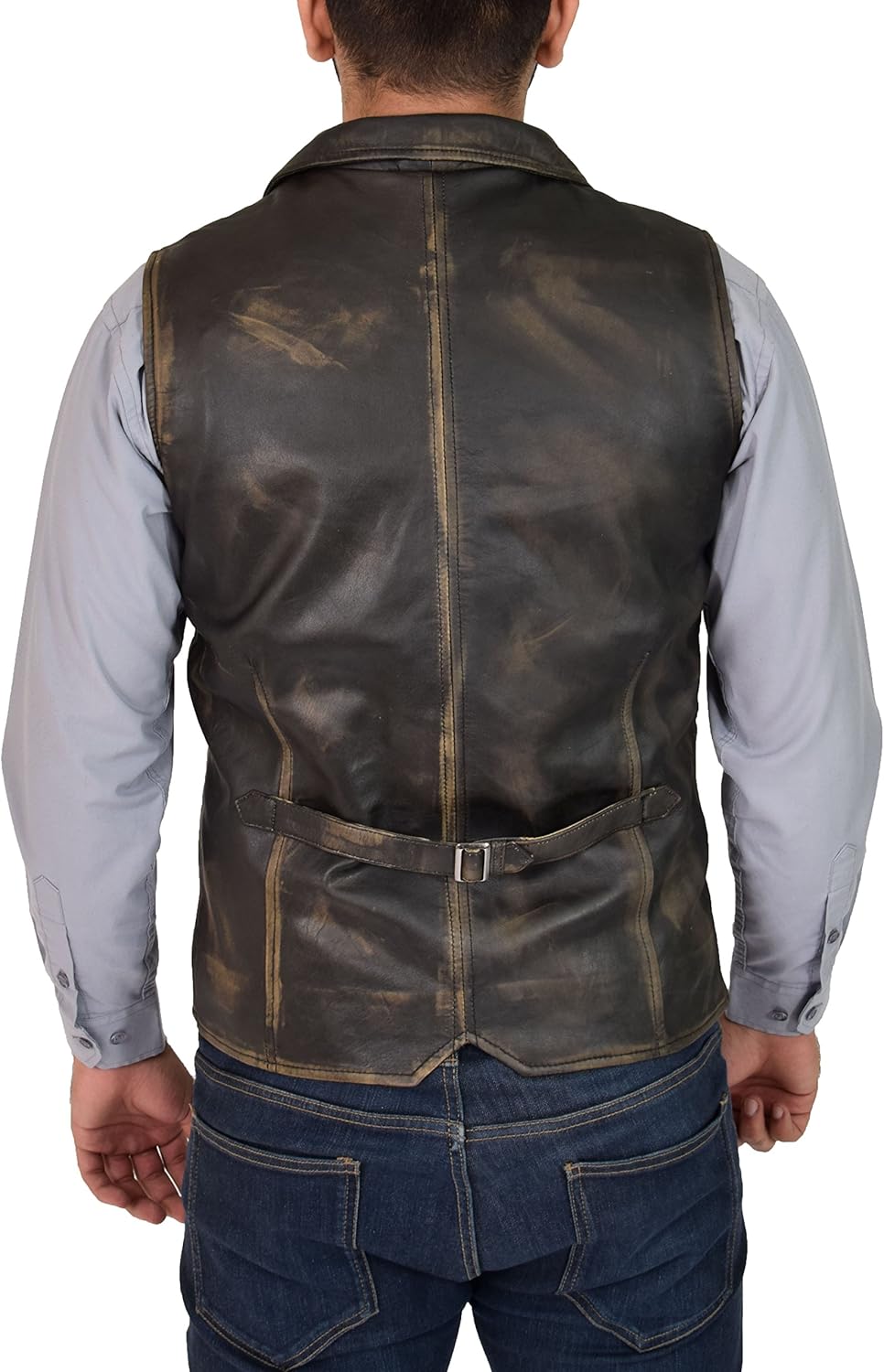 Mens Genuine Vintage Rub Off Soft Leather Revere Collar Western Waistcoat - Rhys