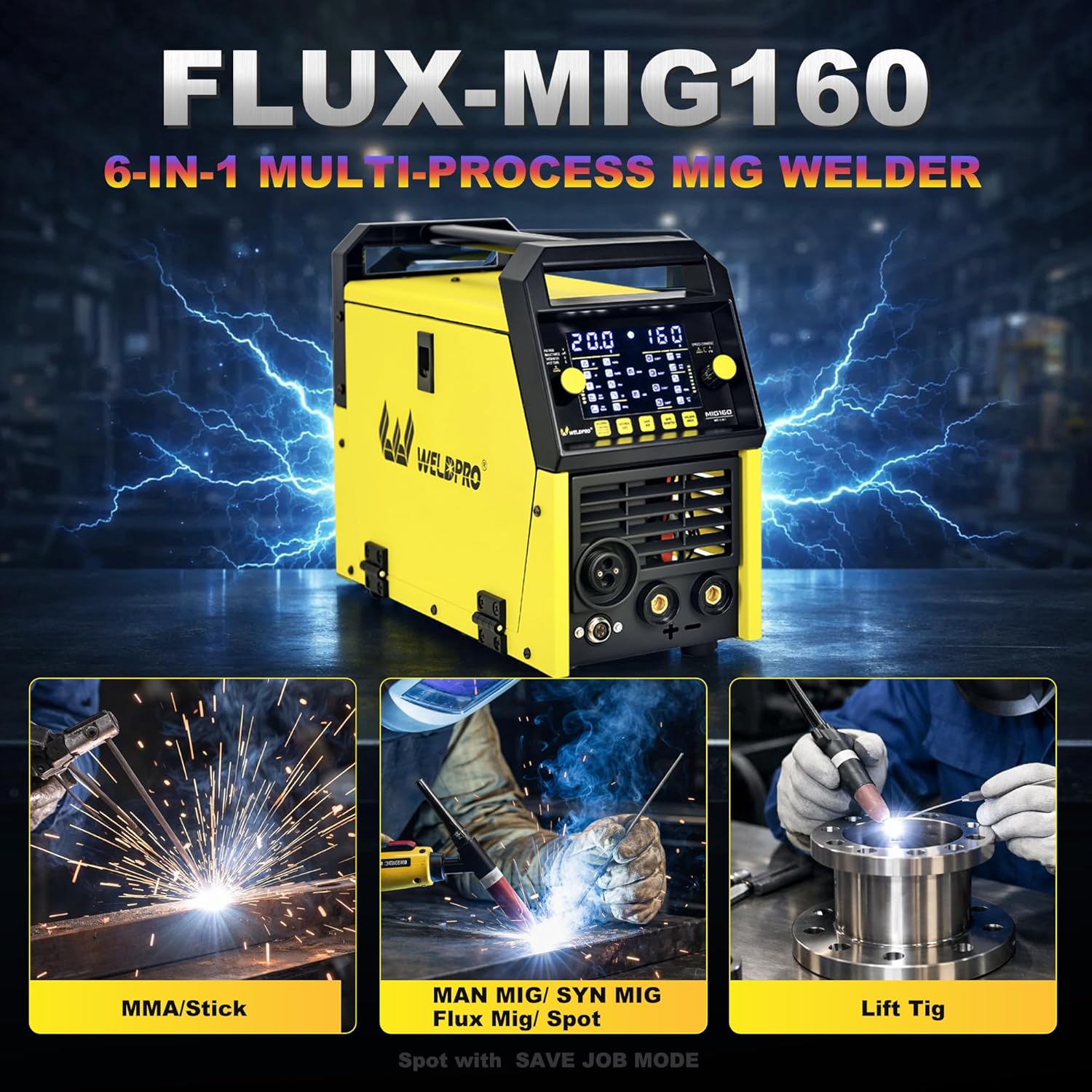 WELDPRO 160A MIG Welder 110V/220V, 2026 Newest 6-in-1 Manual MIG/Synergic MIG/Gasless MIG/Lift TIG/MMA/Spot Multi-process Welding Machine with Large LED Display, IGBT Inverter, Save Job