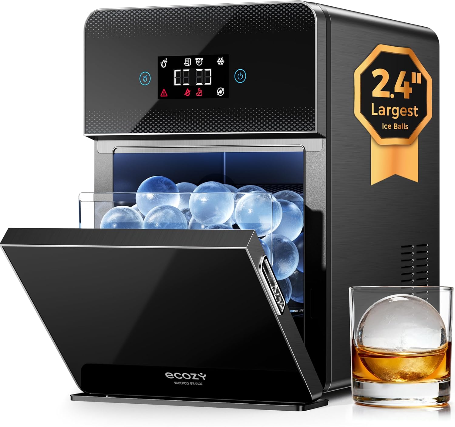 ecozy 2.4" Clear Ice Ball Maker with CrystalFlux Technology, 3 pcs in 45 Mins, 96 pcs/Day, Sphere Ice Maker with Automatic Water Supply, Self-Cleaning, Enhanced Insulation for Bar Whiskey & Bourbon