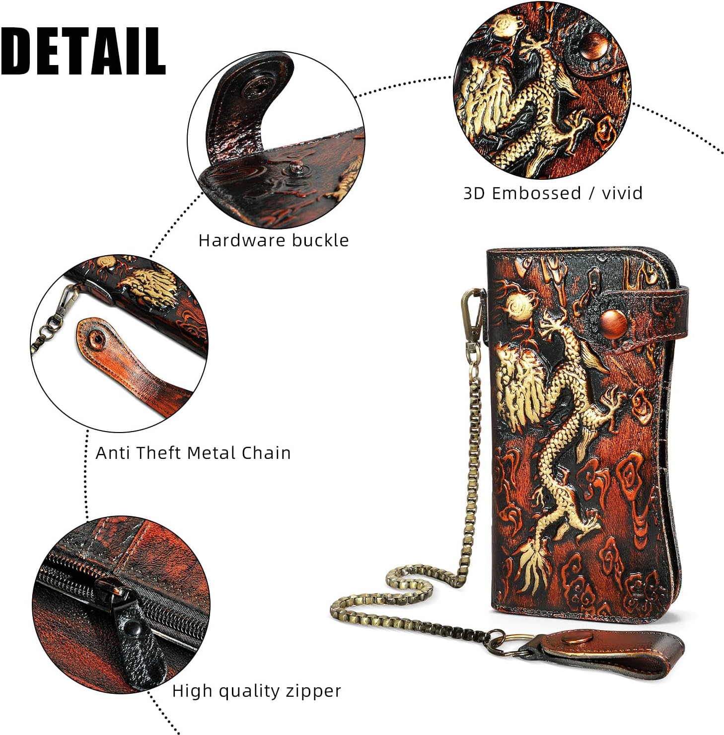 Genuine Crazy Horse Leather Travel Gift Coin Pocket Card Case Long Organizer Chain Rfid Wallet Purse With Snap For Men Male 1088 (1088 Orange) image 5 of 7 B0CTF7N4S7