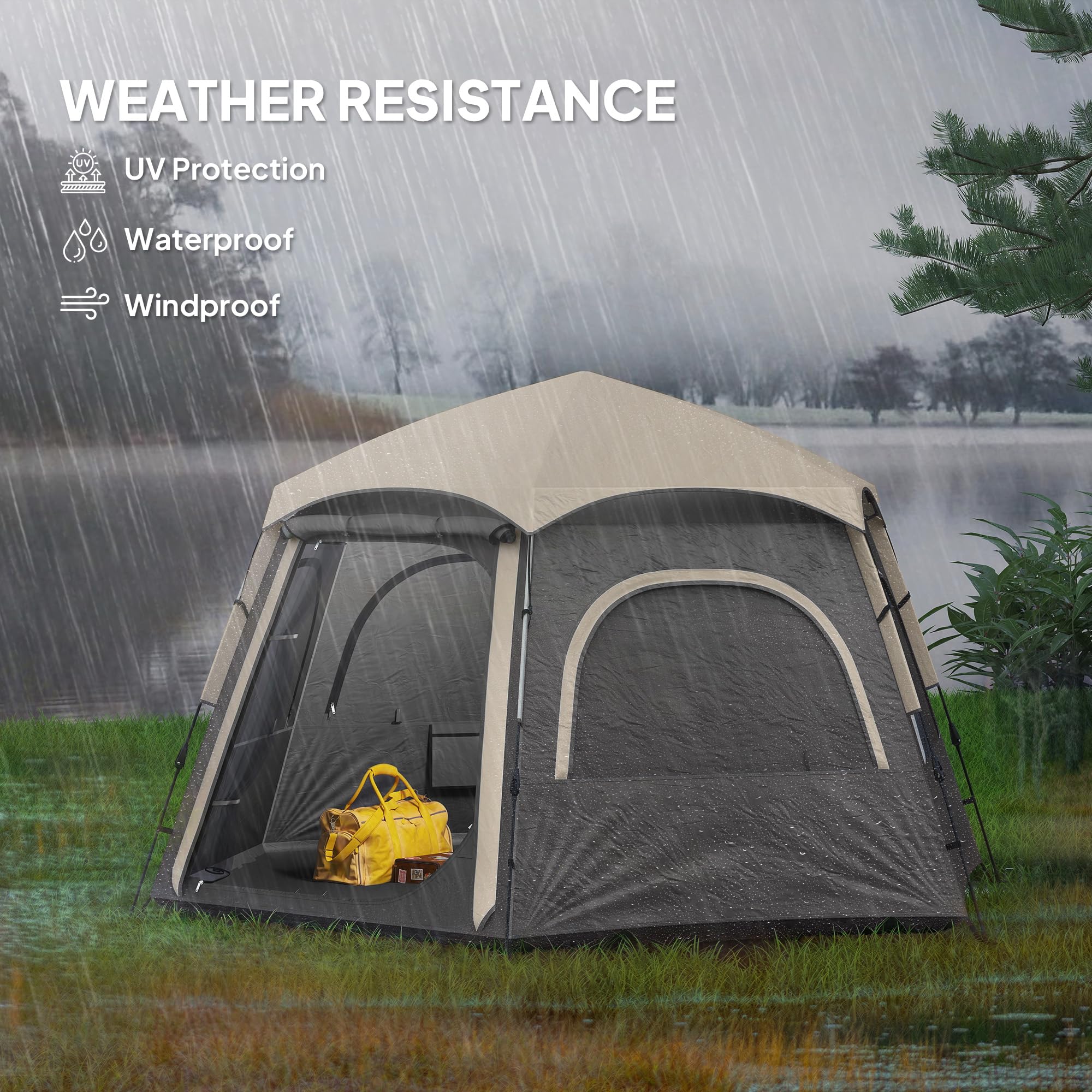 Outsunny Tienda de campaña instantánea para 2/3/4 personas, fácil instalación, tienda familiar con vestíbulo, lluvia, 4 ventanas de malla y 2 puertas, diseño hexagonal, tienda de campaña impermeable