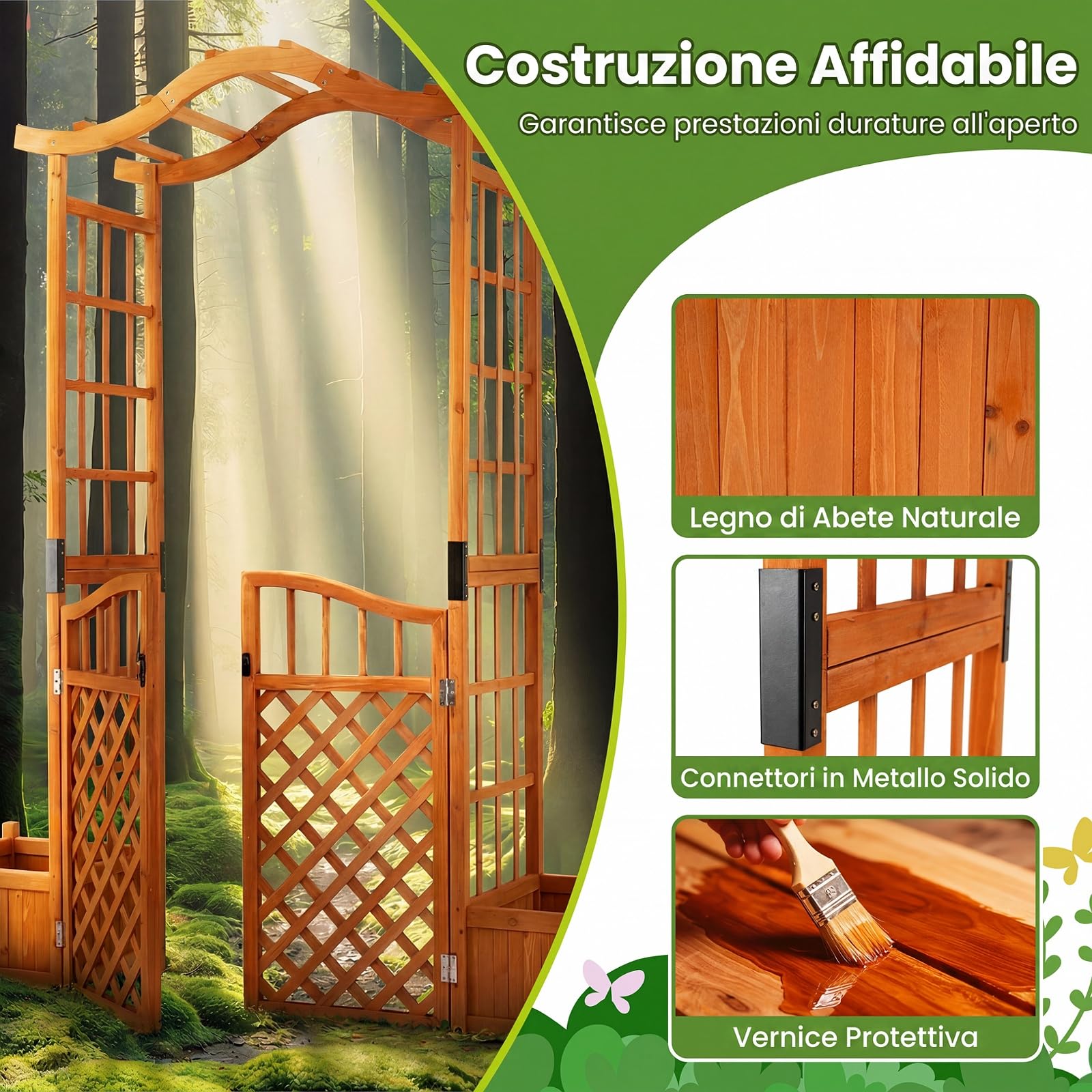 COSTWAY Arco da Giardino con Fioriere, Letto da Giardino Rialzato con Traliccio, Tetto, Fori di Drenaggio, Fondo Rimovibile e Cancelli Chiudibili, Pergolato da Esterno in Legno per Feste e Matrinomio