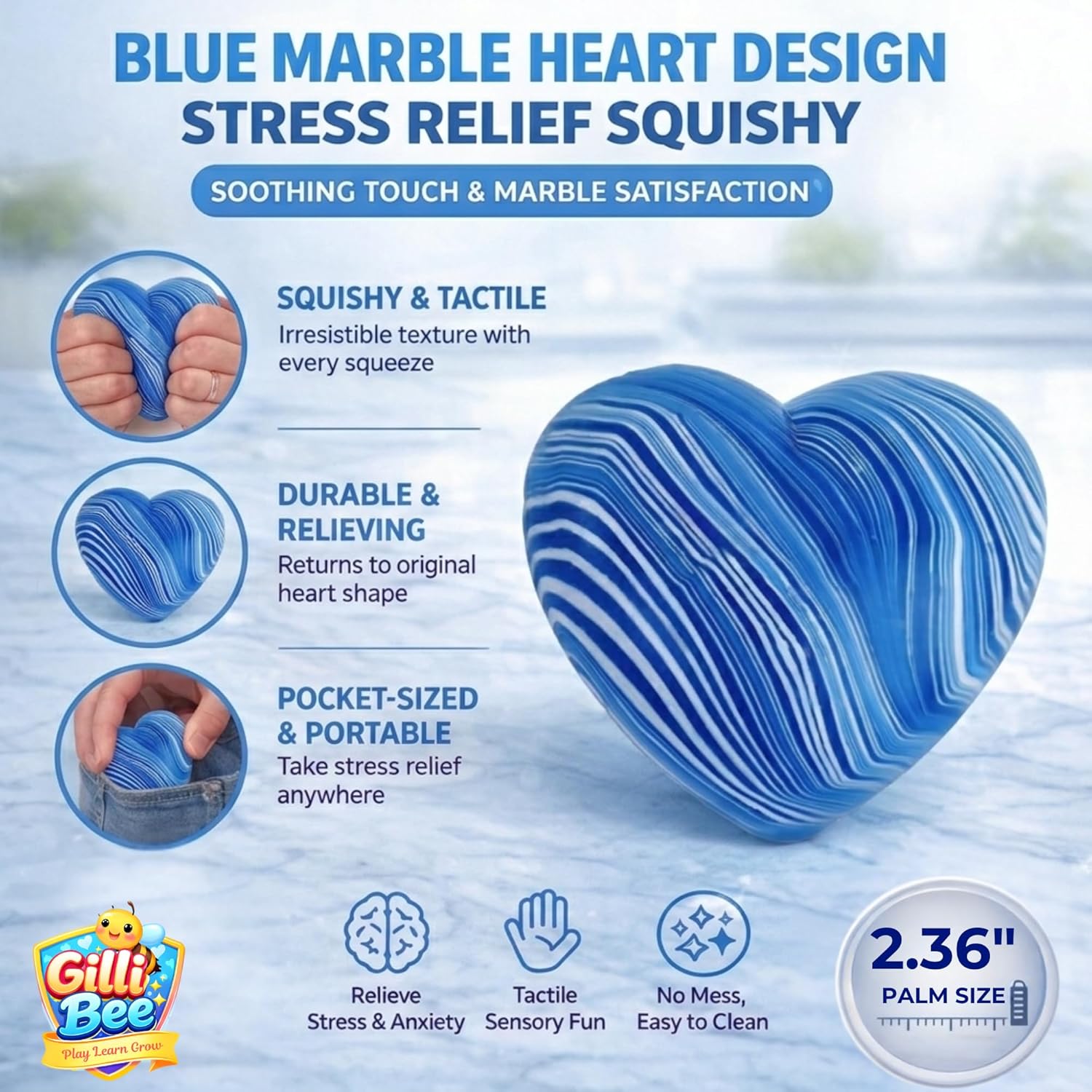 Stress Cube Squishy | Ice Cube Fidget Toy for Stress Relief & Anxiety | Slow Rise Squishy Cube Stress Ball for Kids & Adults | Durable TPR High Density Gel Filled Sensory Toy (Heart Blue)