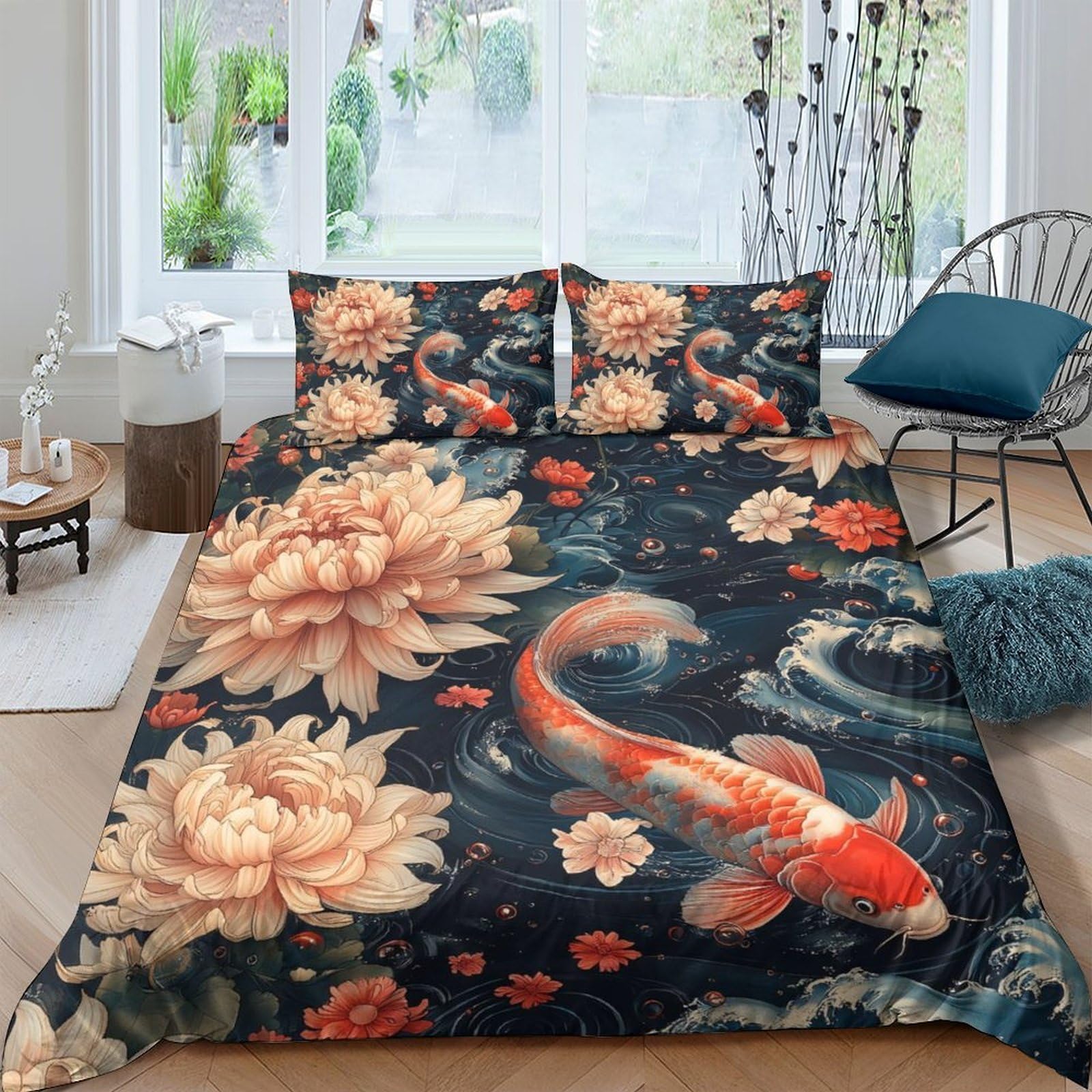 Ctjqhvkz Style-2 3D Printed Koi Fish Fitted Sheet Microfiber Floral Lotus Bed Cover For Bedroom Guest Room Decor Machine Washable Single（135X200cm）