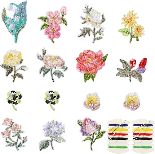 15 piezas de mini parches de flores para planchar, parches decorativos de flores, 13 patrones bordados con 2 piezas de kit de costura, apliques de