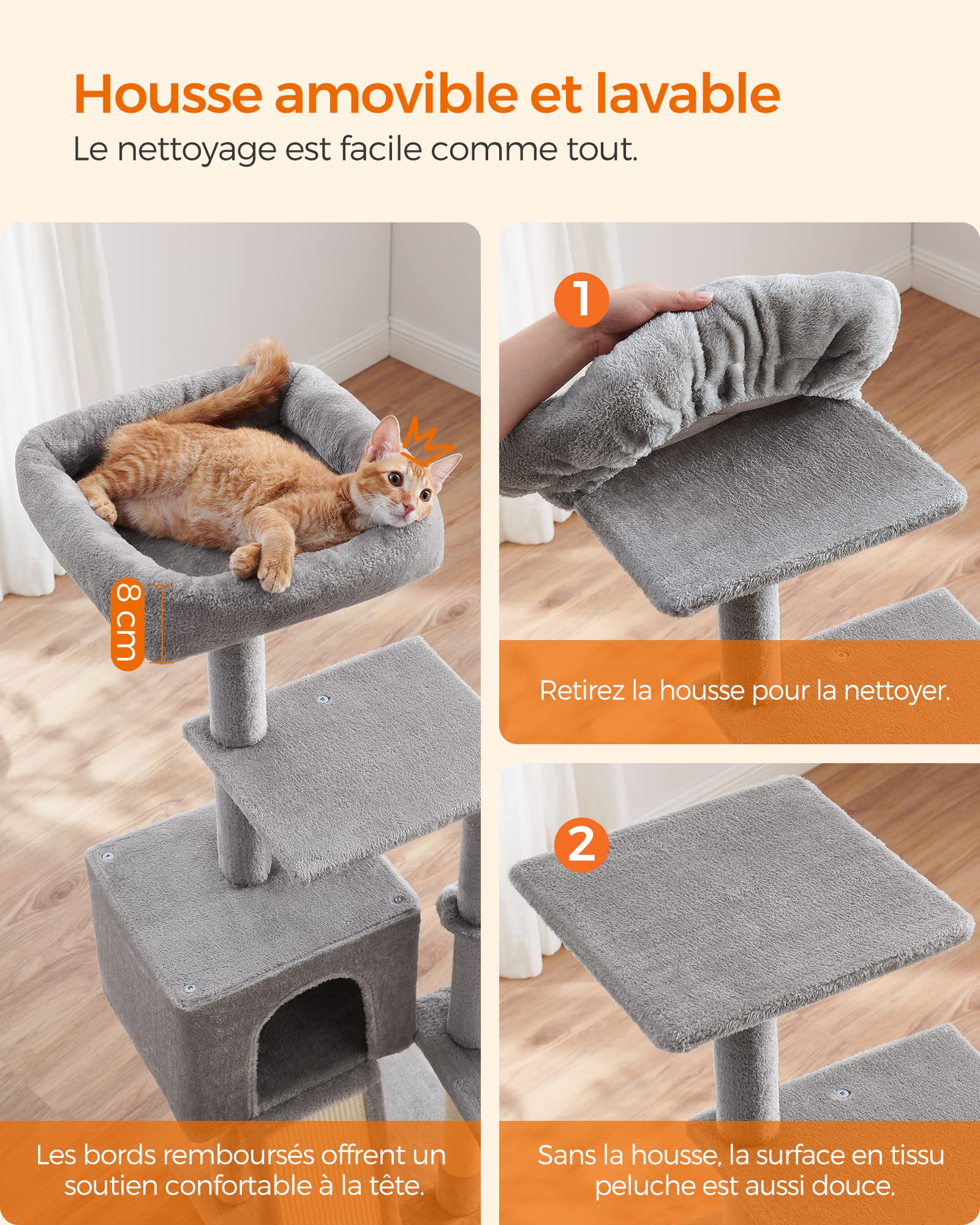 FEANDREA Arbre à Chat, Tour de Jeux, Hauteur 135 cm, Niche Multi-Niveaux, en Tissu Peluche, avec Housse Amovible et Lavable, Griffoir et Planche à Griffer, Panier, Niche, Gris Clair