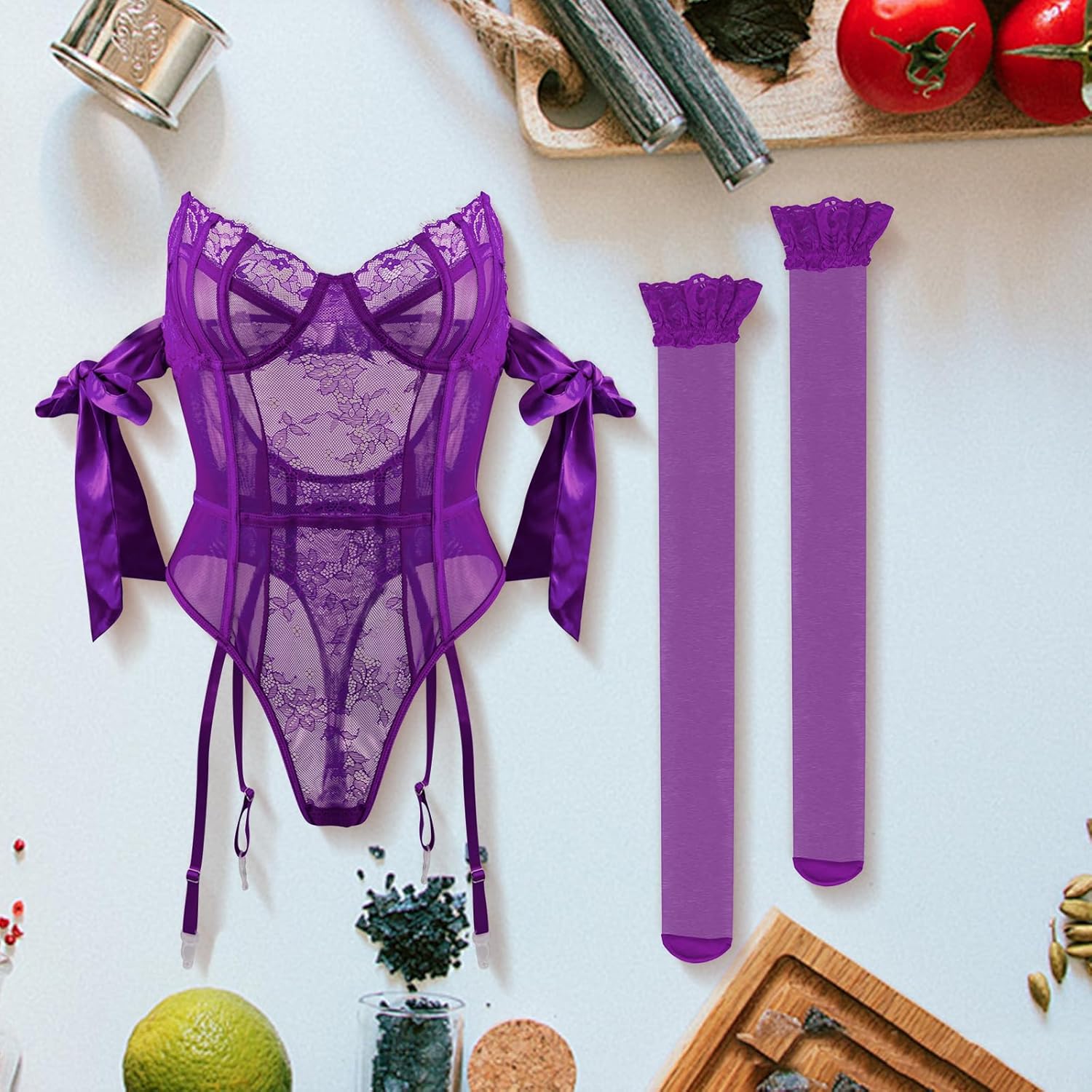 Women‘s Lingerie Sets Lace Bodysuit with Stockings Embroidered Hollow Out Bow Sexy 2 Piece Lingerie Set For Women - Image 6