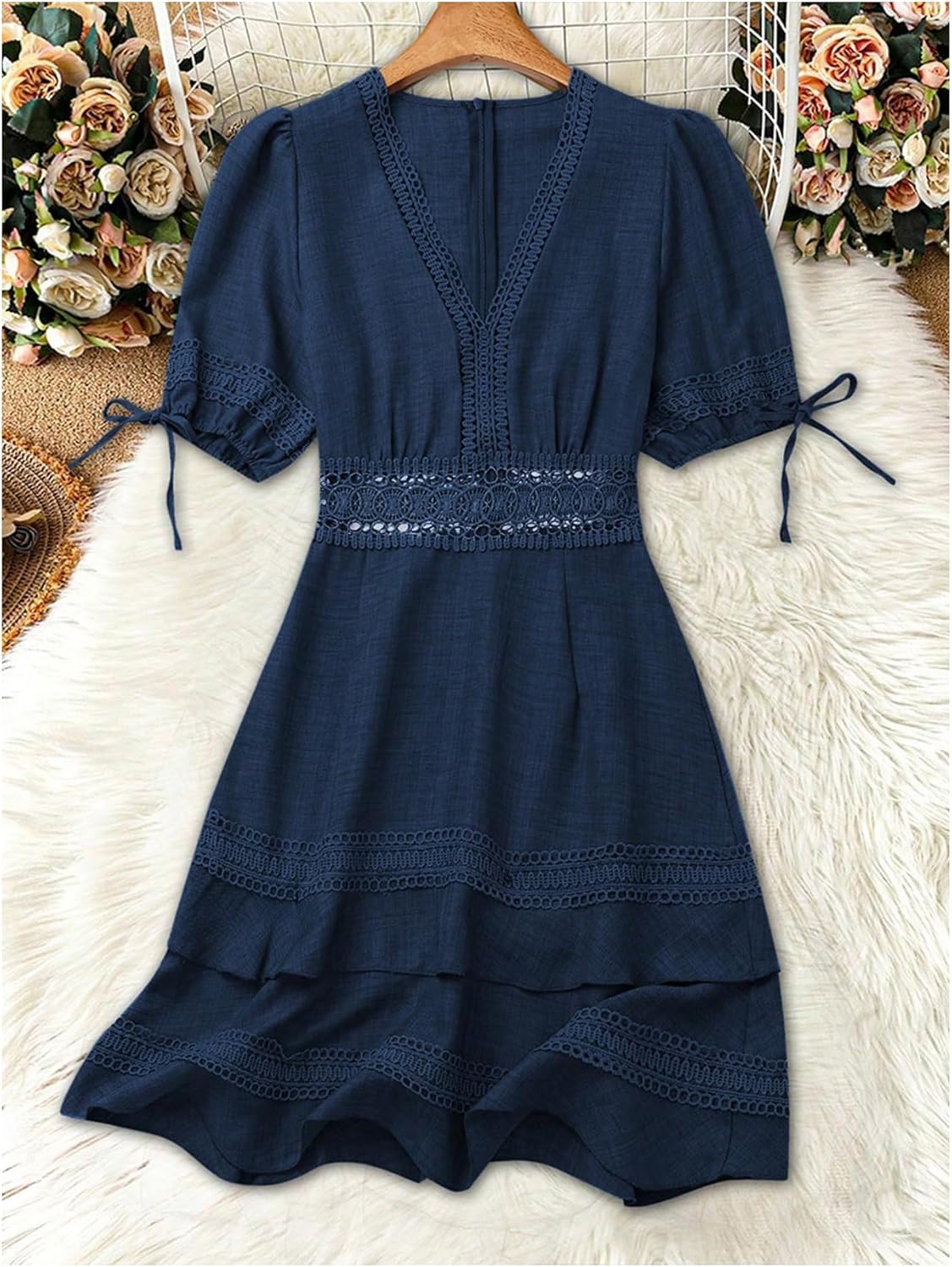 SOLY HUX Women's Summer Dress Hollow Out Lace V Neck Puff Short Sleeve A Line Layered Short Dresses