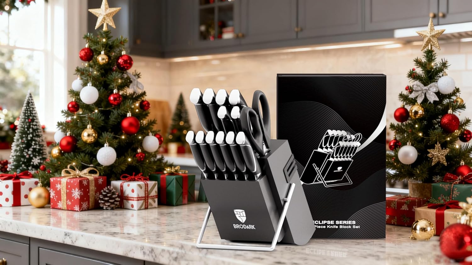 BRODARK Kitchen Knife Set with Block and Sharpener, 15 Pcs Sharp Knives Set for Kitchen, Christmas, Stainless Steel Full Tang Knife Block Set, Ergonomic Handle Professional Chef Kitchen Knives Sets - Image 9