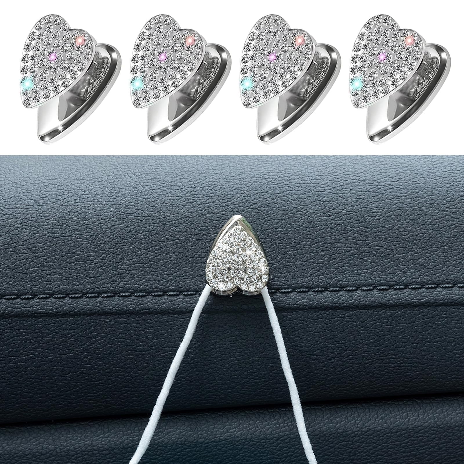 Pack-4 Bling Car Heart Hook, 0.78" x 0.98" Diamond Glitter Decor Stick-on Multi-Functional Organizer, Hanging Storage for Handbags Keys Grocery Bag, Universal Interior Hook for Cars (White)