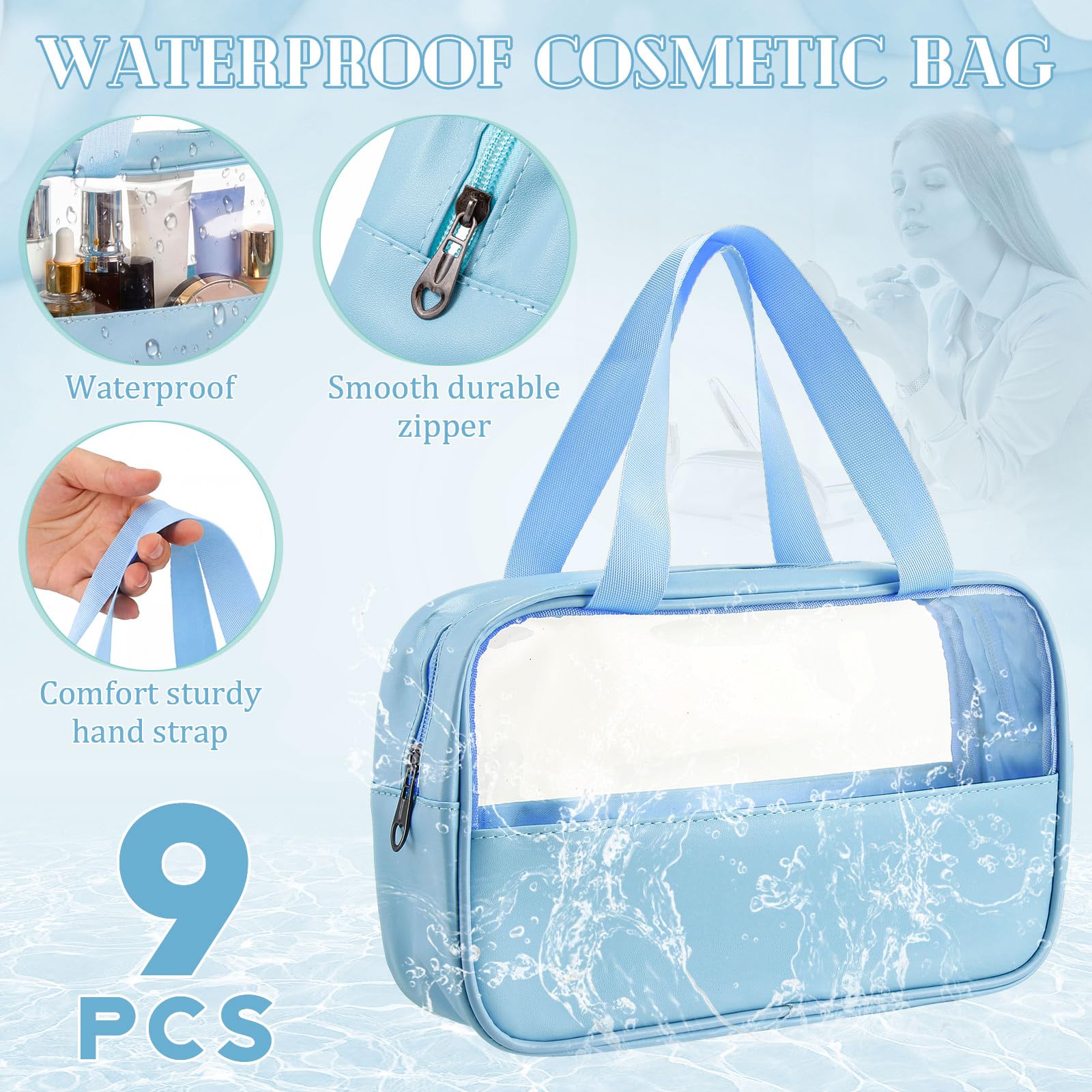 9 sacchetti per trucchi traslucidi, per donne, uomini, impermeabili, portatili, con manici sospesi, borsa da viaggio, borsa da viaggio, 10,2 x 6,3 x 2,8 pollici