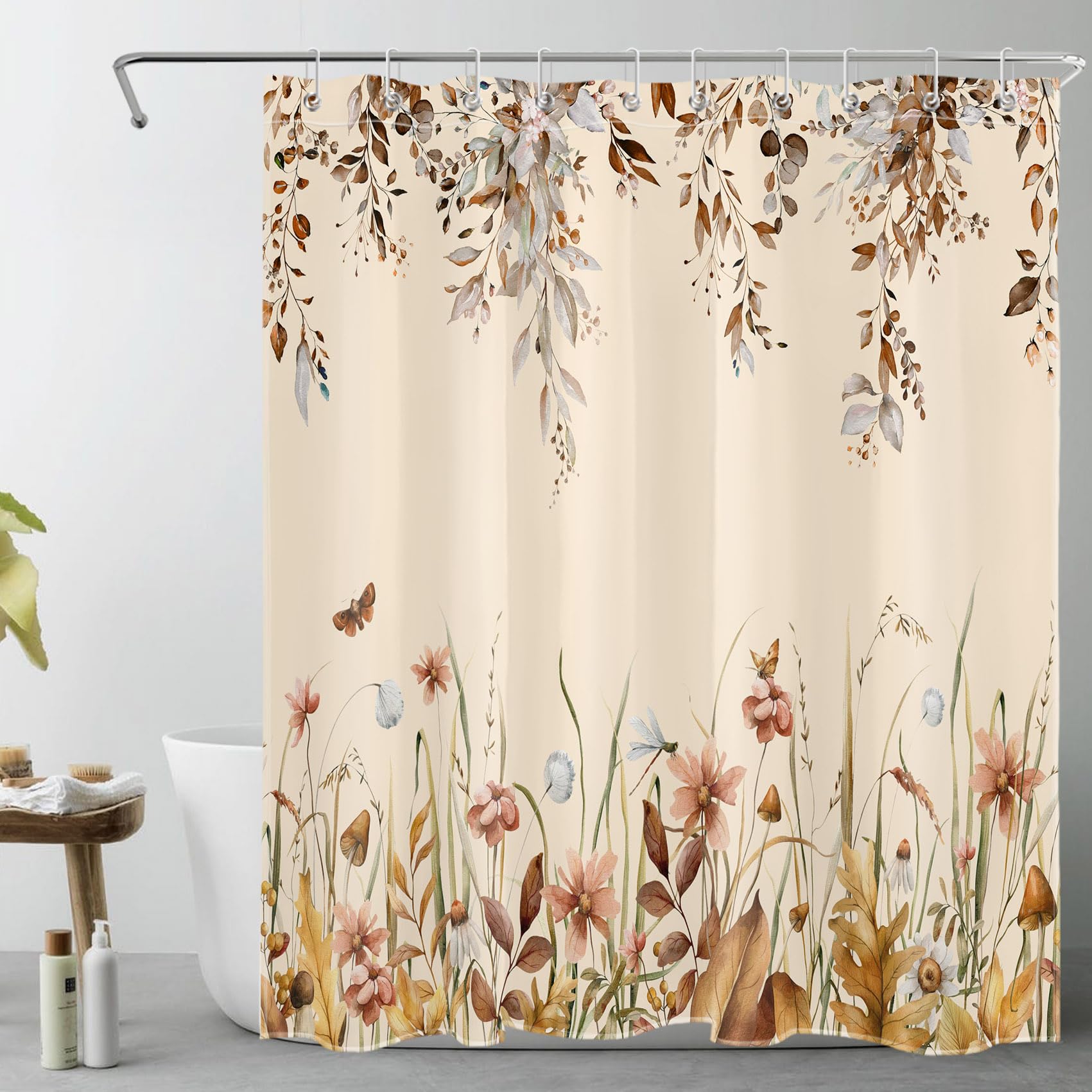 Tenda Doccia LB Floreale Astratta 150x180cm, Foglie Marroni E Fiori, Impermeabile In Poliestere, Con 10 Ganci, Per Bagno E Altri Usi - 3