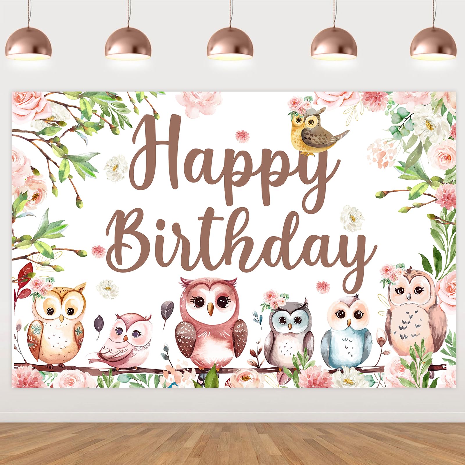 Balterever Owl Birthday Party Decorations for Girls Owl Happy Birthday Backdrop Banner Owl Woodland Birthday Party Supplies for Photography Background