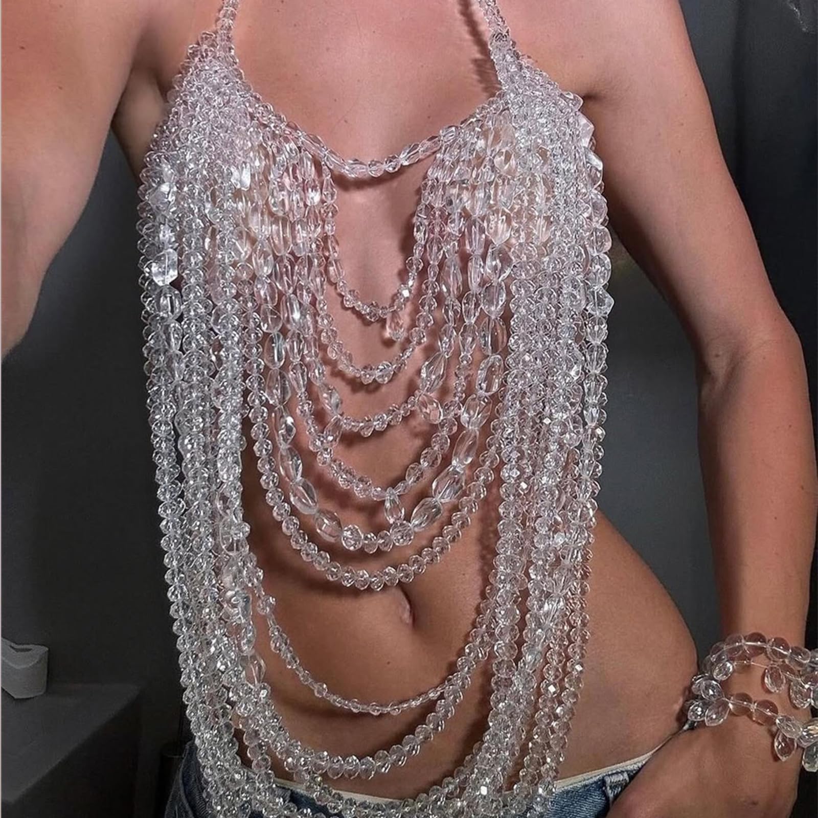 Neckholder Körperkette mit Acrylperlen und verstellbarem Riemen für Damen Unterhemd für Raves und Strandpartys Perlen Körperkette
