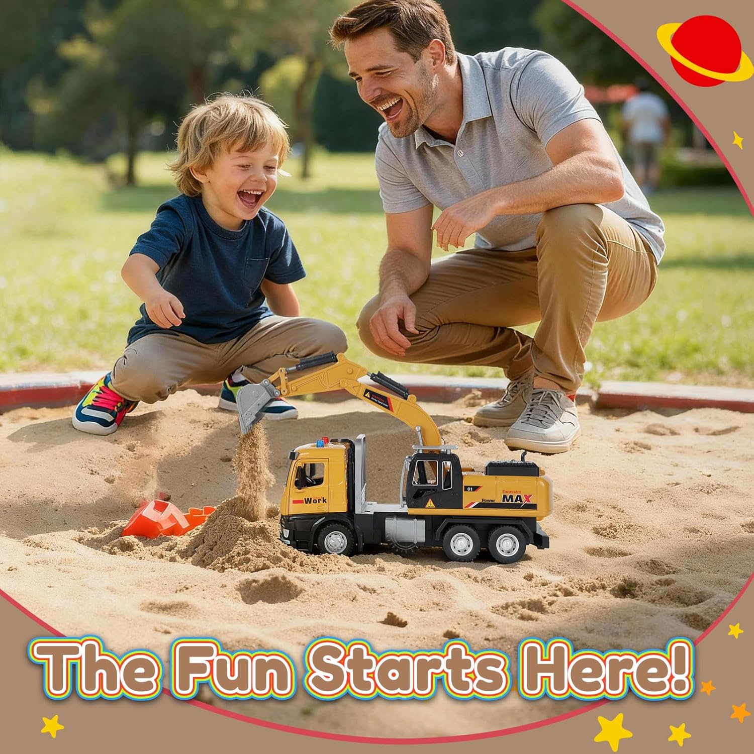 Excavator Toy with Metal Cab, Alloy Construction Vehicle with Lights & Sounds, Friction Powered Digger Toy Playset for Toddler Boys Age 3-6