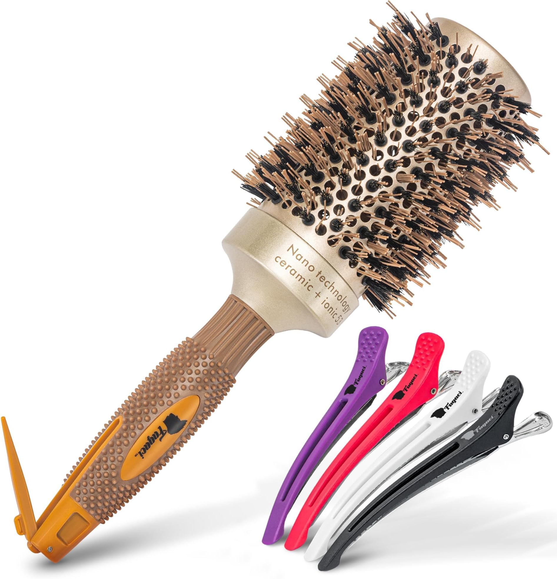 - Fagaci Professional Large Round Brush with Natural Boar Bristles for Blow Drying, Nano Technology Ceramic+Ionic for Hair Styling, Volumizing and Healthy Hair - 4 Styling Clips Included