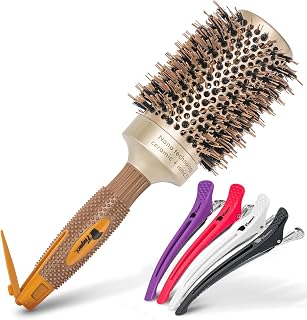 Fagaci Professional Large Round Brush with Natural Boar Bristles for Blow Drying, Nano Technology Ceramic+Ionic for Hair Styling, Volumizing and Healthy Hair - 4 Styling Clips Included