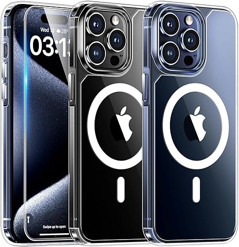 TAURI Funda transparente 5 en 1 para iPhone 15 Pro, no amarillea, con 2 protectores de pantalla + 2 protectores de cámara, a prueba de golpes, para